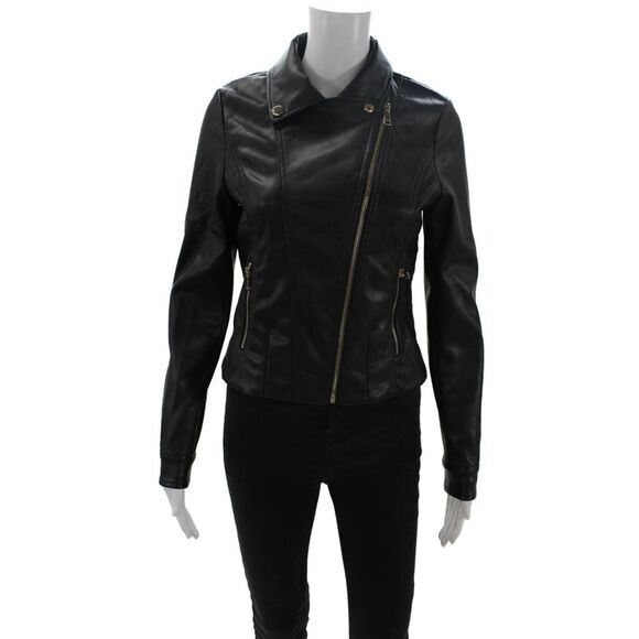 Bebe Jackets & Blazers - Bebe Women Biker Motorcycle Jacket Black PU Collared Button Long Sleeve Size S